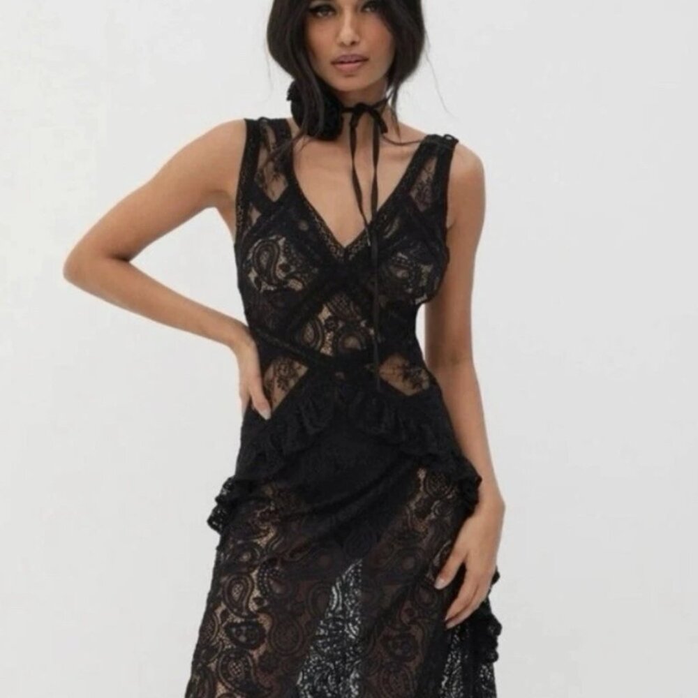 NWT Rare For Love & Lemons Danielle Black Paisley Lace Midi Dress XS $329